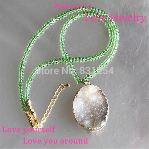 1pc Natural White Semi-precious Quartz Drusy Stone Pendant Necklace Charm Beads Chain Stone Druzy Necklace Jewelry