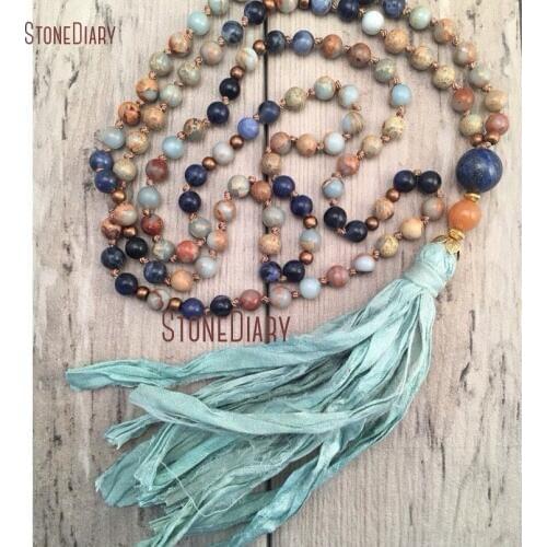 108 Custom Mix Stone Beads Mala Necklace Long Silk Sari Tassel Bohemian Hand Knotted Yoga Meditation Beads NM11119