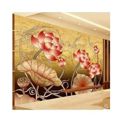 3D Gold foil lotus wallpaper Buddhist culture Yoga salon beauty shop gold lotus lotus Temple Buddha Hall decorative murals