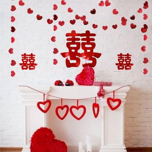 Glitter Red Paper Heart Garland Chinese Traditional Wedding Room Decoration Wall Stickers Double Happiness Red Window Home Decor