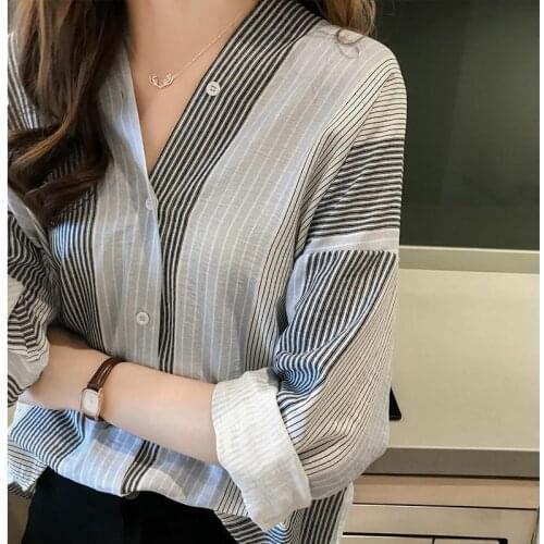 Blouse Women Shirt Womens V-neck Long Sleeve Striped Loose Casual Shirt Blusas Ropa De Mujer