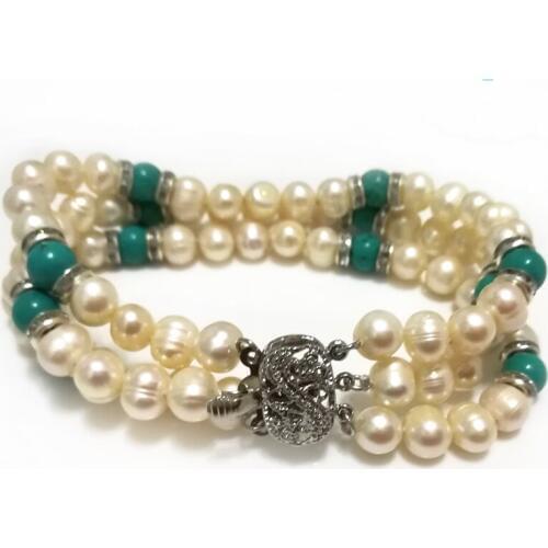 8 inches Three Rows 6-7mm White Freshwater Pearl &Turquois Beads Bracelet