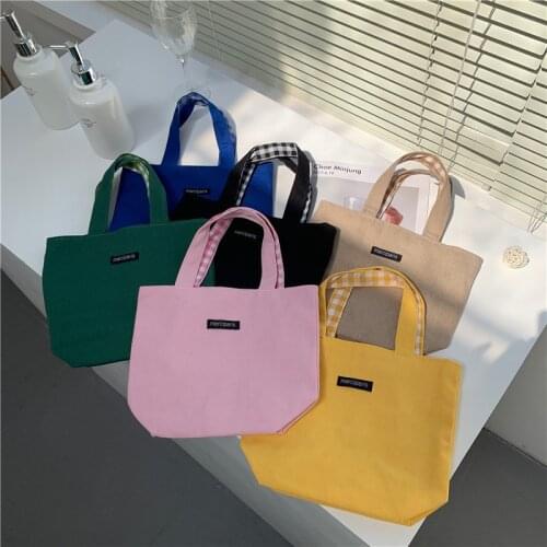 Double Side Womens Plaid Shoulder Shopper Bags Simple Canvas Ladies Small tote Purse Handbags Female Student Lunch Bento Bag