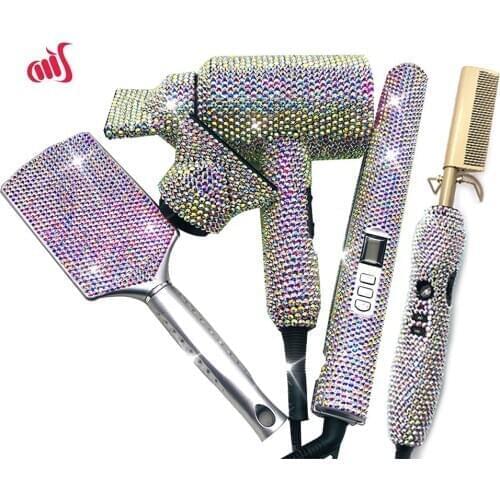 Crystal Hair Pressing Hot Comb Crystal Hair Blow Dryer Diamond Curling wands Kit Crystal Hair Brush