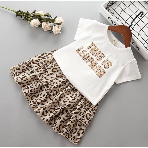 2-7 years High quality girl clothing sets 2019 new summer casual letter Leopard kid children girl clothing shirt+skirt 2pcs