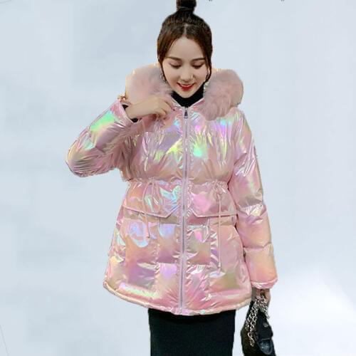 Winter Jacket Women Shell Glossy Hooded Jacket Women Large Fur Slim Padded Warm Womens Winter Jackets Waterproof Snow Outcoat