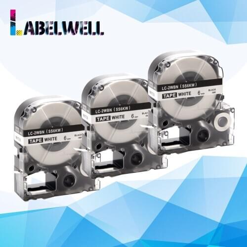 Labelwell 3pcs label Tapes SS6KW LC-2WBN Black on White ribbon Compatible for EPSON LW-300 LW-400 LW-600P LW-700 label maker