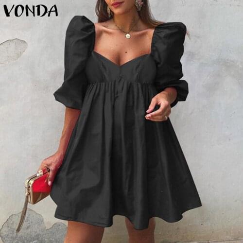 Mini Dress VONDA Women Summer Puff Sleeve Pleated Dresses Casual Solid Square Neck Bohemian Vestidos Loose Sundress Oversized