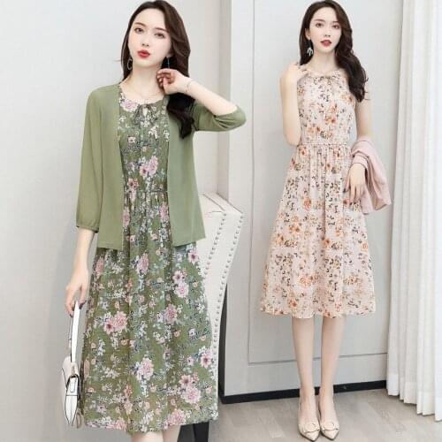 Fashion 2 Piece Sets Women Dress 2021 Summer New Korean Style Vintage Printed Chiffon Dresses Solid Blouse Two-piece Suit Y537