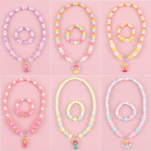Trend Children Jewelry Set Cartoon Colorful Acrylic Beads Angle Pendant Sweet Sweater Bracelet Girls Gifts Toys