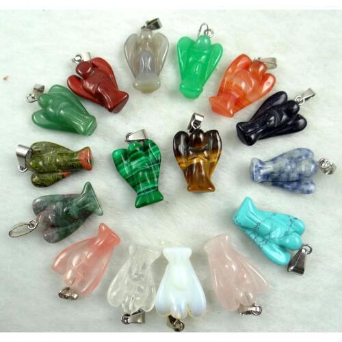 Wholesale Fashion hand Carved Mixed natural Stone Angel charms Pendants for Necklace making jewelry 12pcs/lot Free shipping
