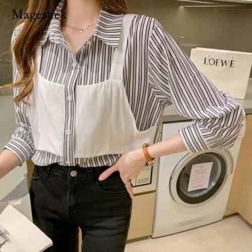 2020 Autumn Women Korean Elegant Fashion Long Sleeve Shirt Stripe Shirts Loose Fake Two-Piece Turn-down Collar Tops Blusas 10778