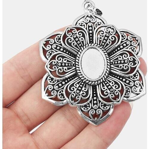 2pcs Tibetan Silver Large Filigree Flower Pendants For Necklace Jewelry Findings With Oval Blanks Tray Settings