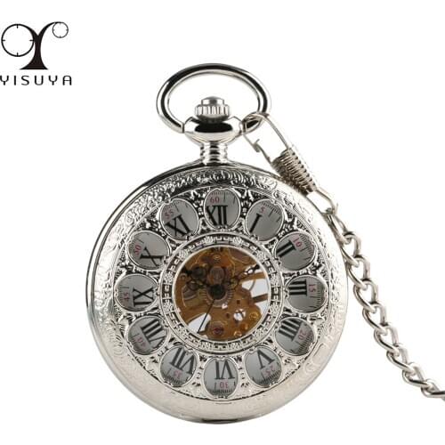 Transparent Hollow Flower Skeleton Mechanical Hand Winding Pocket Watch Roman Numerals Dial Silver Pocket Chain Pendant Clock