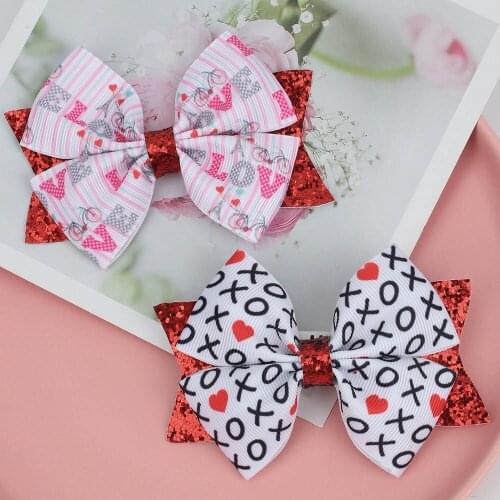 Letter Printed Double Bow Hair Clips Pink Love Pins Ribbon Bows Hairpin Girls Bows Boutique Headwear Kids Hair Accessories