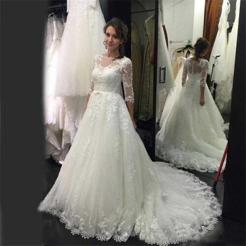 Vintage 2020 Nova Lace A Line Wedding Dresses 3/4 Sleeves vestido de noiva Sheer Neck Modest Bridal Gowns Country Wedding Gowns