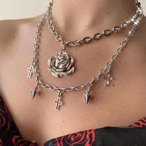 Vintage Rose Flower Cross Cone Pendant Punk Necklace for Women Geometry Thick Short Pendant Clavicle Necklace 2021 Neck Jewelry