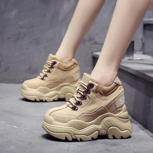 Super high heel ladies sneakers spring and autumn fashion simple and pure color inner increase lace-up casual shoes comfortable
