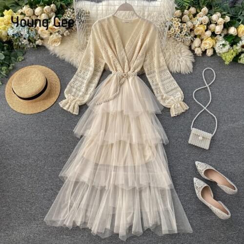 Young Gee Spring Vintage Lace Flower V-neck Long Dresses Women Elegant Black Beige Party Long Sleeve Runway Cake Dress Vestido
