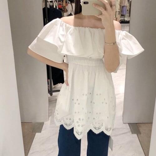 2021 Summer Women Mini Dress Printing Pleated Slash Neck Ruffled Dress Embroidery Strapless Dress Ladies High Waist Short Robes