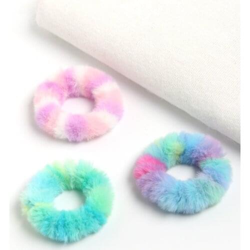 Pack of 2 Faux Rabbit Fur Elastic Tie dye Hair Bands Soft Hair Ties Ponytail Holder Made Hair Ring Hair Scrunchies Accessories