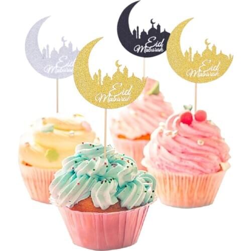 20pcs Eid Mubarak Moon Cake Topper Gold Silver Black Paper Cupcake Toppers for Islamic Eid Muslim Ramadan Party Cake Decorations