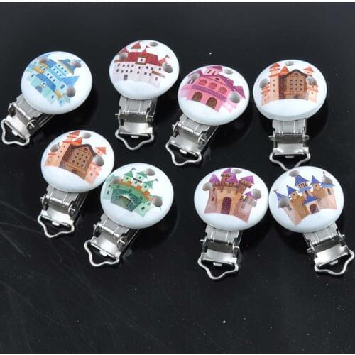 5pcs/lot Metal Wooden Baby Pacifier Clips Cartton Castle Holders Cute Infant Soother Clasps Holders Accessories mt0945
