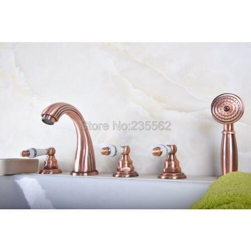 Antique Red Copper Deck Mounted Widespread 5 Holes Roman Tub Faucet with Handheld Shower