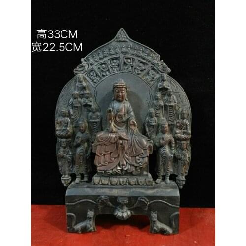 Home Decor 13" Tibet Buddhism Temple Old Bronze Shakyamuni Buddha Disciples statue Northern Wei Style Amitabha statue