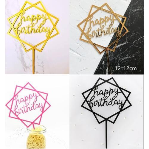 Happy Birthday Cake Topper Flag Acrylic Letter Gold Silver Cake Top Flag Decoration for Wedding Birthday Party Supplies
