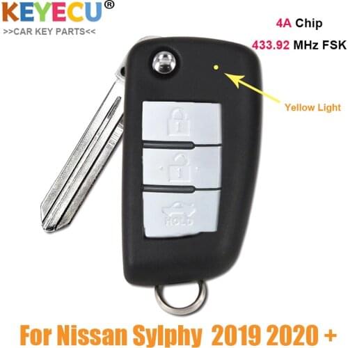 KEYECU 3 Buttons 433.92MHz PCF7961M For Nissan Sylphy 2019 2020 Flip Remote Car Key Fob Yellow LED light