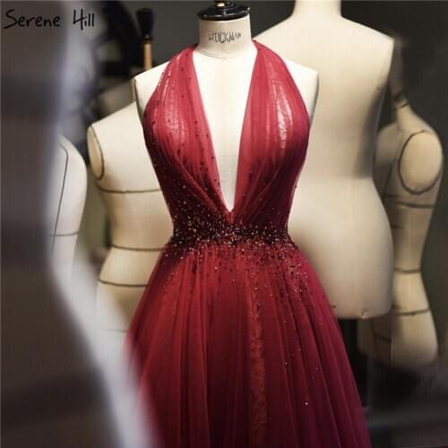 Red Halter Sexy Sleeveless Evening Dresses 2020 Crystal A-Line Tulle Formal Dress Design Serene Hill LA70348