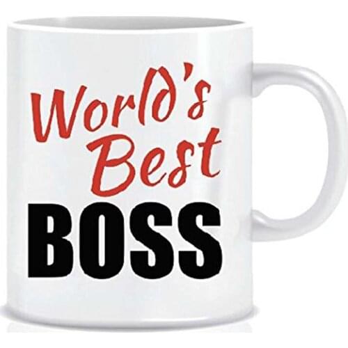 WORLDS BEST BOSS Funny Mug Design with Saying - Coffee Mug Gift Box - Mug in Decorative Blue Ribbon Box - 11 oz - Gifts for Fam