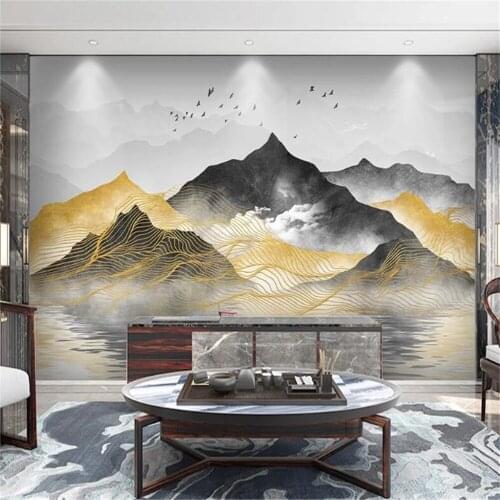 Milofi new Chinese abstract artistic conception golden landscape lines TV sofa background wall painting wallpaper wall covering