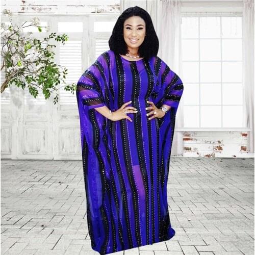 Fashion 2021 Stripe Print Batwing Sleeve Dress African O Neck Ladies Casual Boho Maxi Fall Autumn Women Long Dresses