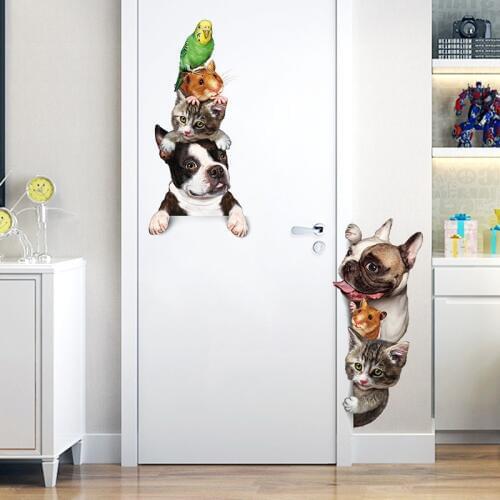 Cartoon Animals 3D Wall Sticker Cats Dogs Mouse Birds Door Stickers Funny Home Decor Kids Room Decoration Vinyl Wallpapers