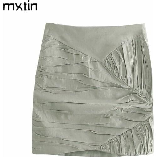 MXTIN 2021 Women Summer Fashion Solid Folds Short Skirt Vintage A Line High Waist Zipper Ladies Short Skirts Casual Vestidos