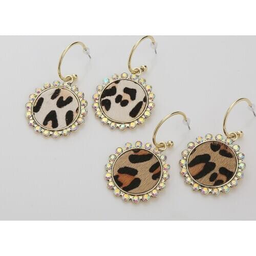 New Valentines Day Gift Around AB Crystal Leaf Cheetah Round Horsehair Leopard PU Leather Stud Earrings for Women