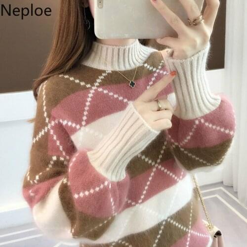 Neploe Korean Autumn Winter News Loose Color Matching Knitted Sweater Turtleneck Striped Pullover Sweaters Loveley Clothes 45511