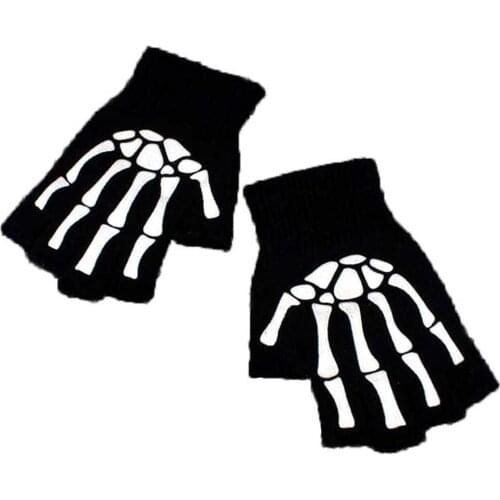 Acrylic Black Half-Finger Skull Ghost Claw Gloves Printed Claw Cosplay Gloves Warm Knitted Halloween Available Z8M5