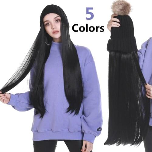 Hat Wig with Hair Blonde Hat Attached Fall Knit Knitted Winter Beanies For Women Black Brown Blonde Long Straight 28 Inch