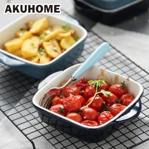 Rice plate ceramic baking dish cutlery binaural plate cheese plate special baking tray Western plate oven baking bowl AKUHOME