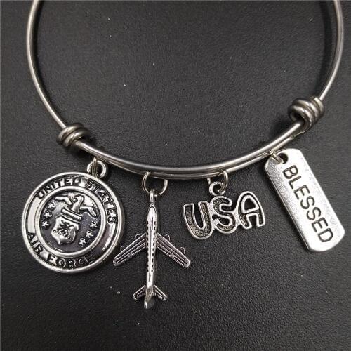 2.5inch Diameter USA Military Medal USAF Air Force Charm Stainless Steel Adjustable Wire Bangle Wife Mom Bracelet Wholesale Bulk