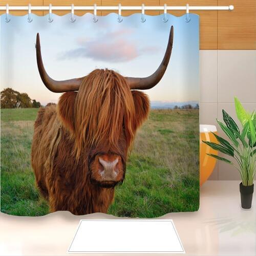 Highland Cow 3D Print Shower Curtain Polyester Fabric Bathroom Curtain Waterproof Hook Bath Curtain 04