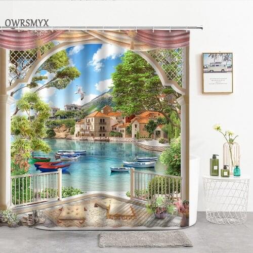 Ocean Scenery Outside The Windowsill Boat Shower Curtain 3D Seaside Town Landscape Decor Curtain For Bathroom Bathroom Products