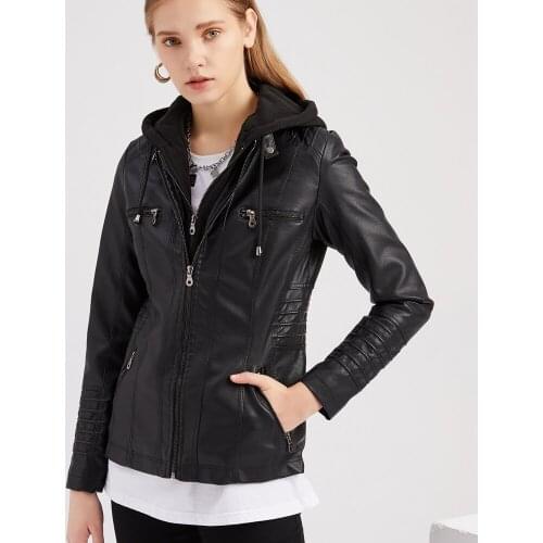 Fashion Hooded PU Leather Jackets Detachable Spring Autumn Washed Faux Leather Coats Female Long Sleeve Casual Outerwear T6699