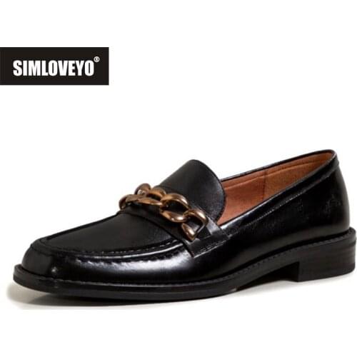 SIMLOVEYO 2021 Metal Chains Square Low Heels Casual Round Toe Spring Autumn Women Pumps Genuine Leather Female Shoes Size 34-39