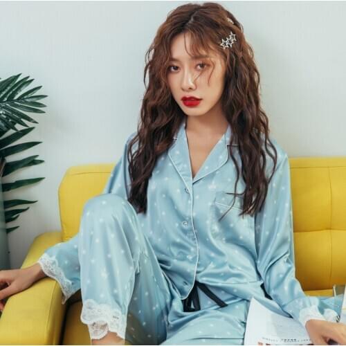 Women Blue Sweet Lace Flower Trim 2PCS Pajamas Sets Sexy Full Sleeve&Pant Faux Silk Nightwear Notched Sleepwear Spring Homewear