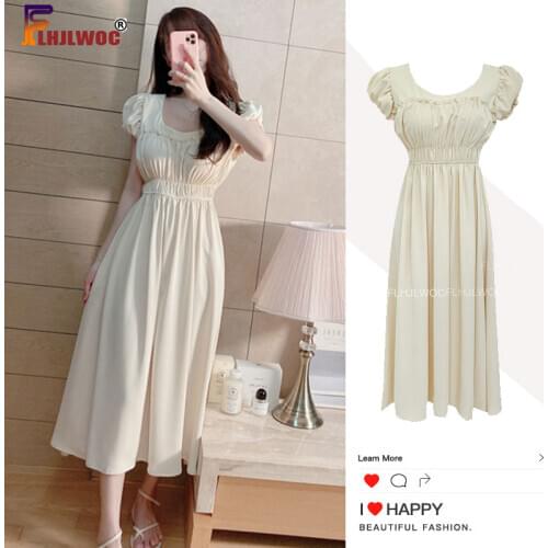 Long Maxi Fairy Dress Summer Puff Sleeve Slim Sleeve Look A Line Cute Sweet Holiday Date Party Women Dresses Korea Vestidos
