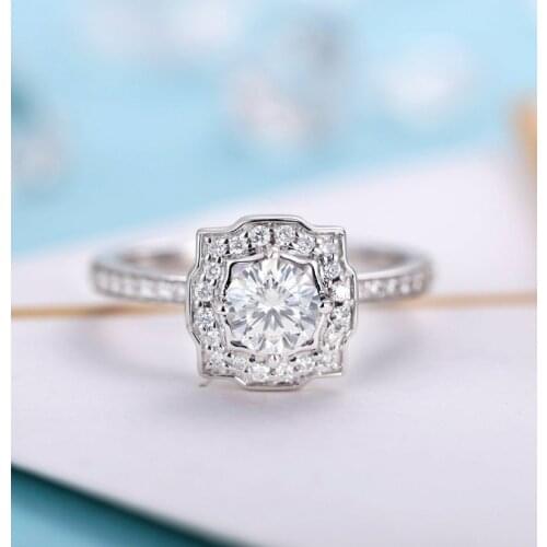 Antique Engagement Ring Solid 18K White Gold Center 5mm 8 Hearts and Arrows Cut Moissanite Halo Engagement Ring for Women